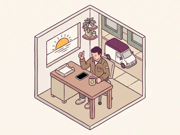 The shop owner at his desk at sunrise checking the morning briefing on his phone
