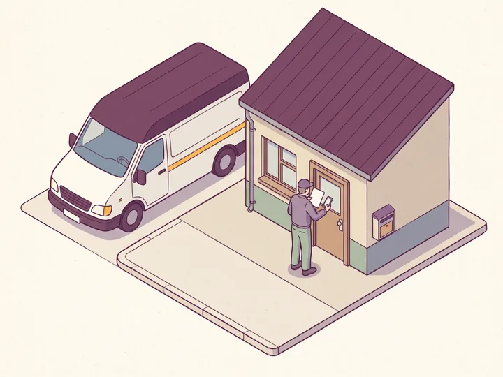 A work van pulling in at the shop while the owner sends the invoice from his phone