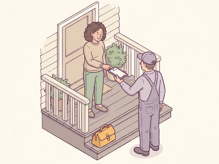 A homeowner signing on a technician's phone on her front porch