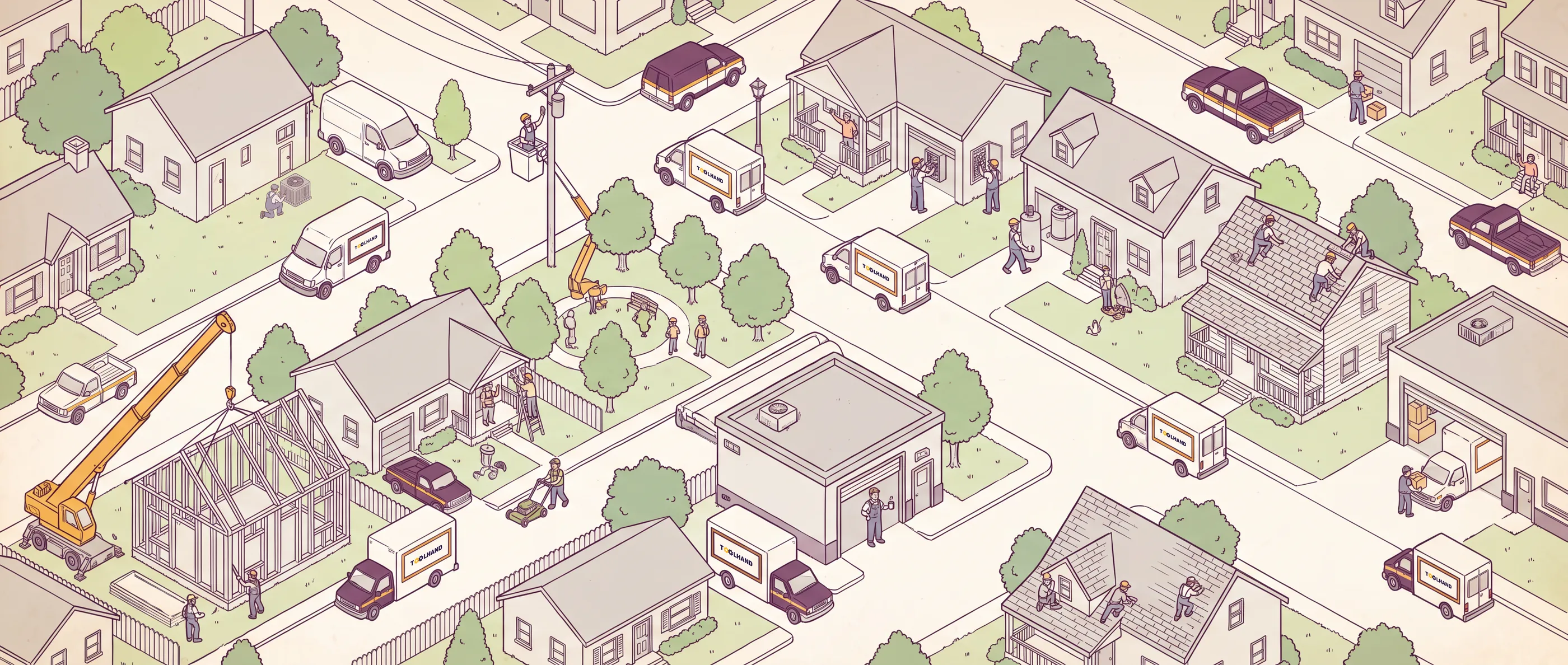 Ink illustration of a small town on a working morning: an HVAC tech at an outdoor unit, an electrician in a bucket lift, a plumber carrying a water heater, roofers, a crew framing a house under a crane, a painter and a landscaper, with Toolhand vans and trucks at the jobs